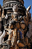 Elaborate figures carved in stucco decorate the ancient stupas, Kakku Buddhist Ruins. Shan State in Myanmar (Burma).